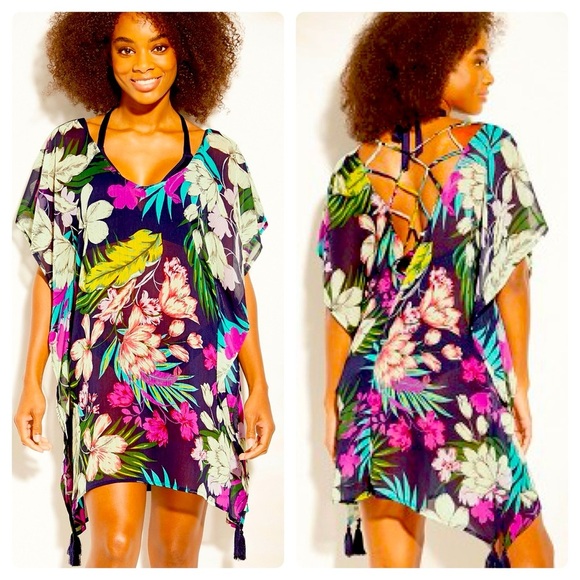 ❤B04-KONA SOL Lattice Back Kaftan swim Cover Up Dress M - Picture 1 of 5